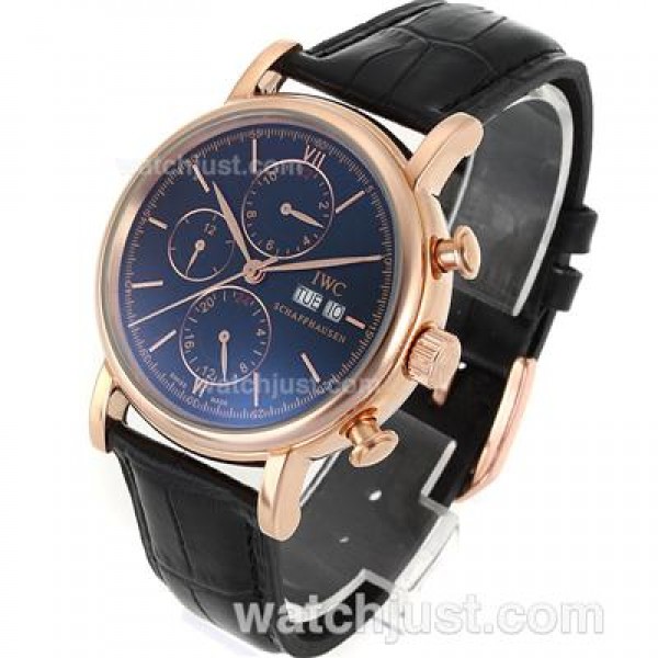 IWC Portofino Automatic Rose Gold Case and Stick Markers with Black Dial-Leather Strap