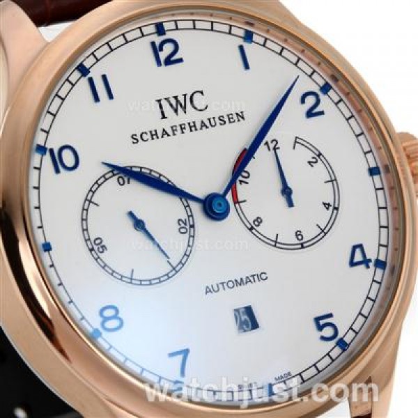 IWC Portuguese Automatic Rose Gold Case Blue Markers with White Dial-Leather Strap