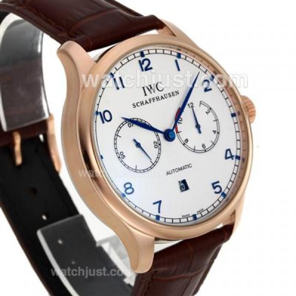 IWC Portuguese Automatic Rose Gold Case Blue Markers with White Dial-Leather Strap