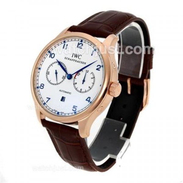 IWC Portuguese Automatic Rose Gold Case Blue Markers with White Dial-Leather Strap