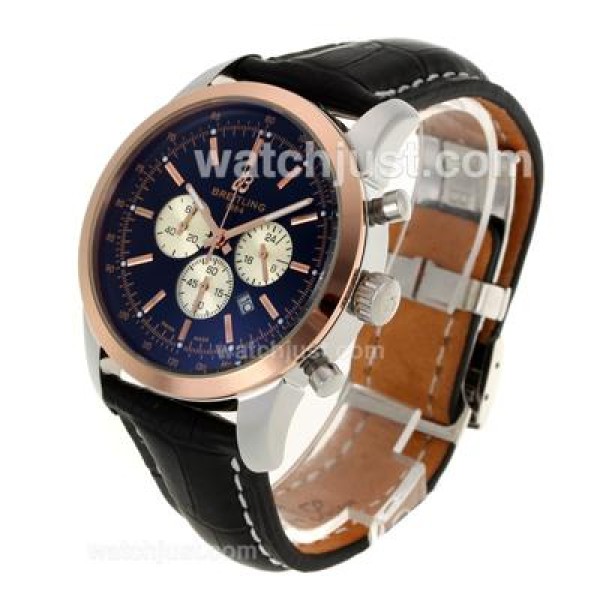Breitling Aeromarine Working Chronograph Two Tone Case Stick Markers with Black Dial-Leather Strap