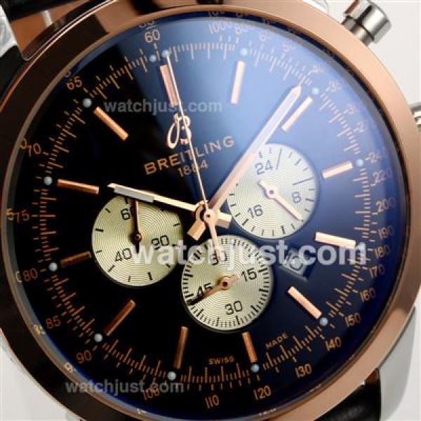 Breitling Aeromarine Working Chronograph Two Tone Case Stick Markers with Black Dial-Leather Strap