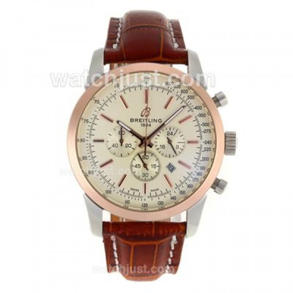Breitling Aeromarine Working Chronograph Two Tone Case Stick Markers with White Dial-Leather Strap