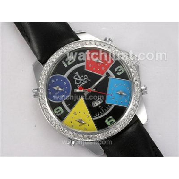 Jacob & Co Classic Five Time Zone Diamond Bezel with Black Dial and Strap