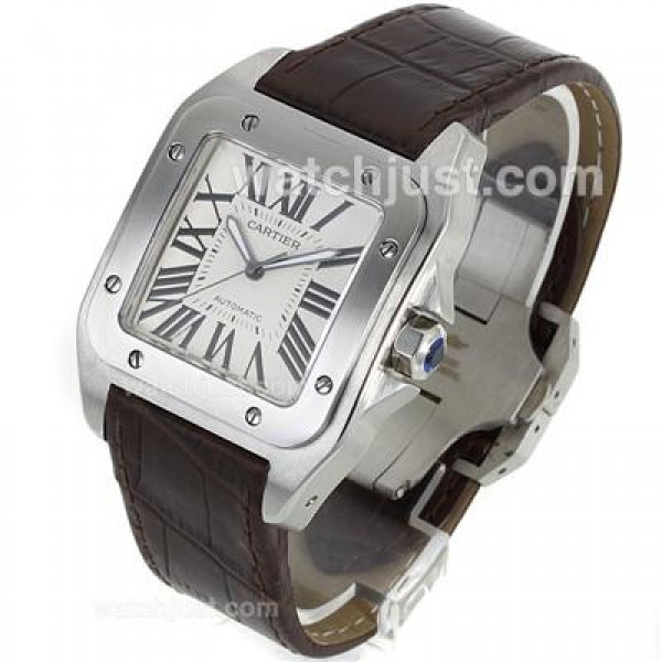 Cartier Santos 100 Swiss ETA 2813 Movement with White Dial-Brown Leather Strap