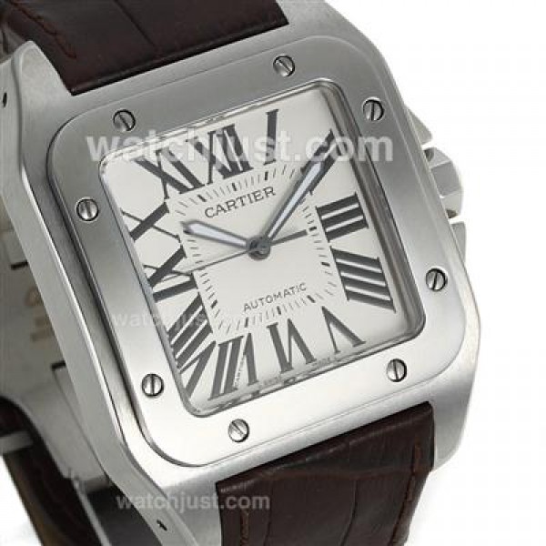 Cartier Santos 100 Swiss ETA 2813 Movement with White Dial-Brown Leather Strap
