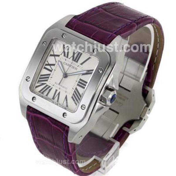 Cartier Santos 100 Swiss ETA 2813 Movement with White Dial-Purple Leather Strap