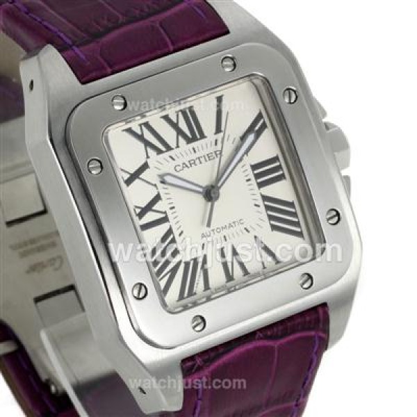 Cartier Santos 100 Swiss ETA 2813 Movement with White Dial-Purple Leather Strap