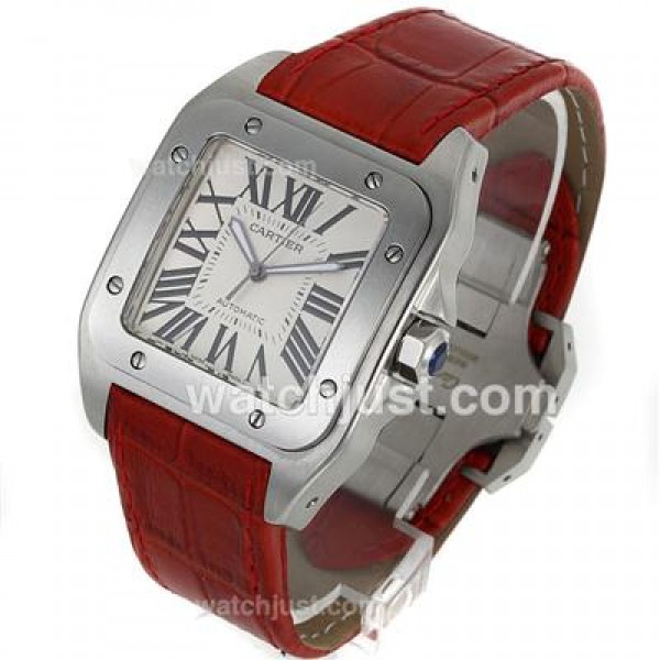 Cartier Santos 100 Swiss ETA 2813 Movement with White Dial-Red Leather Strap