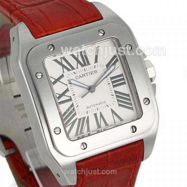 Cartier Santos 100 Swiss ETA 2813 Movement with White Dial-Red Leather Strap