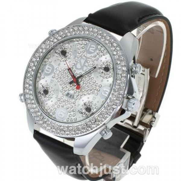Jacob & Co Classic Five Time Zone Diamond Bezel and Dial-Black Leather Strap