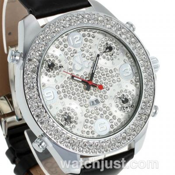Jacob & Co Classic Five Time Zone Diamond Bezel and Dial-Black Leather Strap
