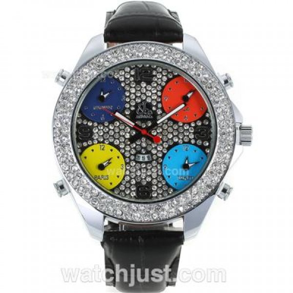 Jacob & Co Classic Five Time Zone Diamond Bezel and Dial-Black Leather Strap