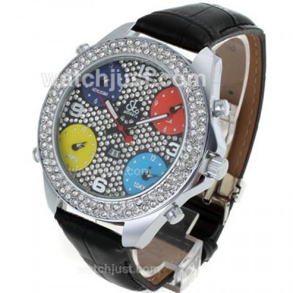 Jacob & Co Classic Five Time Zone Diamond Bezel and Dial-Black Leather Strap