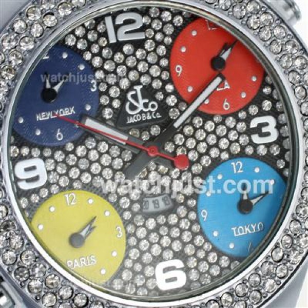 Jacob & Co Classic Five Time Zone Diamond Bezel and Dial-Black Leather Strap