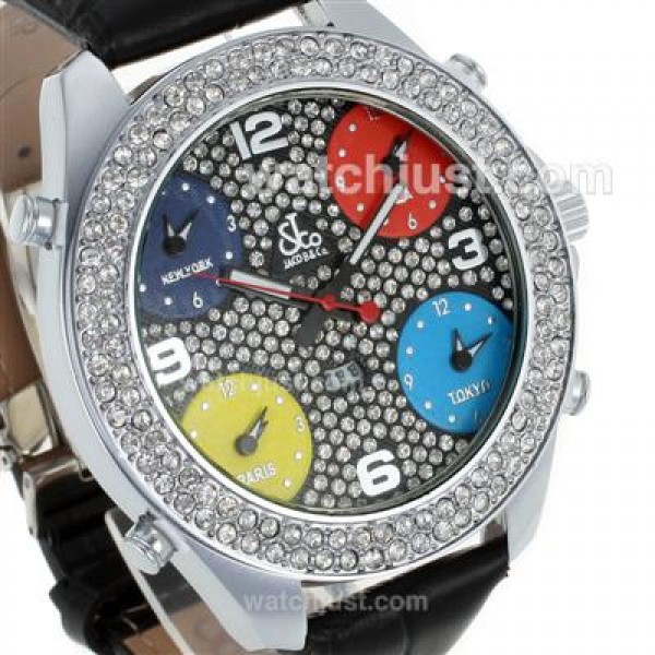 Jacob & Co Classic Five Time Zone Diamond Bezel and Dial-Black Leather Strap
