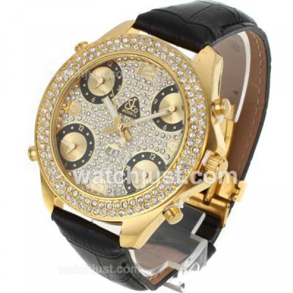 Jacob & Co Classic Five Time Zone Full Gold Case Diamond Bezel and Dial-Black Leather Strap
