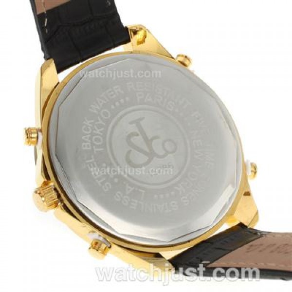 Jacob & Co Classic Five Time Zone Full Gold Case Diamond Bezel and Dial-Black Leather Strap