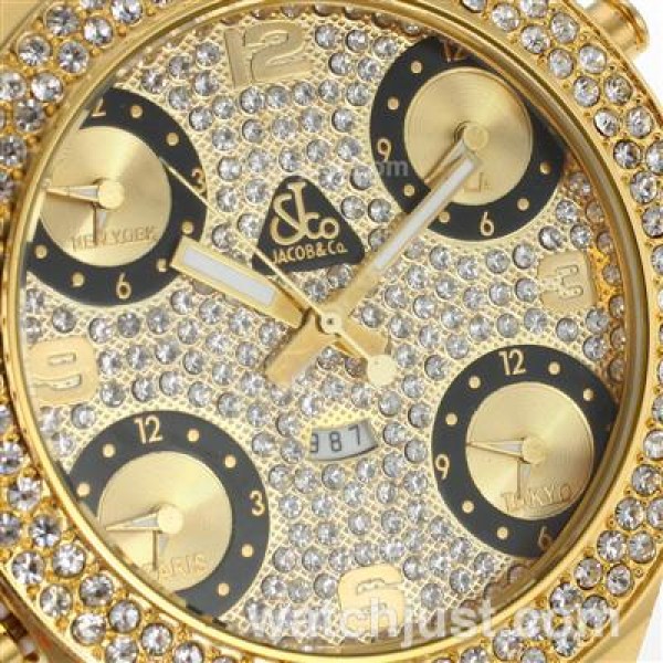 Jacob & Co Classic Five Time Zone Full Gold Case Diamond Bezel and Dial-Black Leather Strap