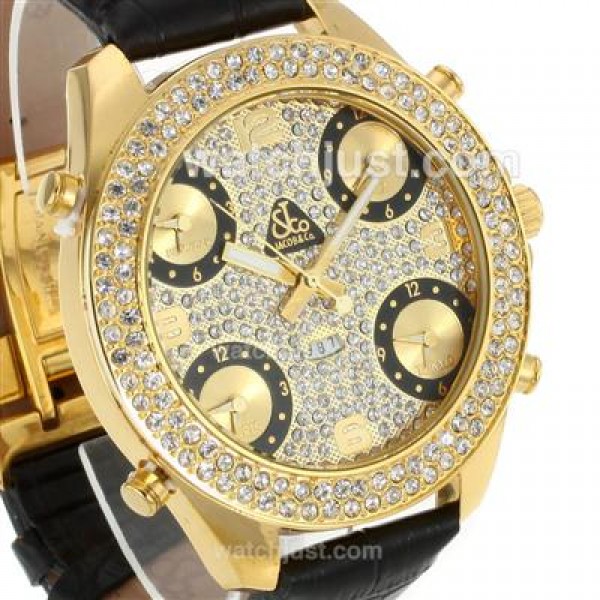 Jacob & Co Classic Five Time Zone Full Gold Case Diamond Bezel and Dial-Black Leather Strap