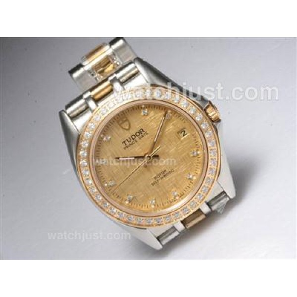 Tudor Prince Date Automatic Two Tone with Diamond Bezel-Golden Dial