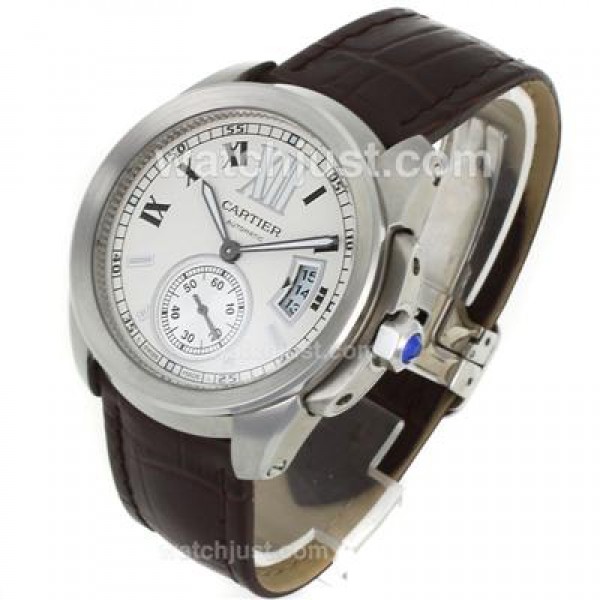 Cartier Calibre de Cartier Automatic with White Dial-Brown Leather Strap