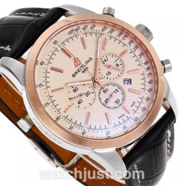 Breitling Aeromarine Working Chronograph Two Tone Case Stick Markers with White Dial-Leather Strap