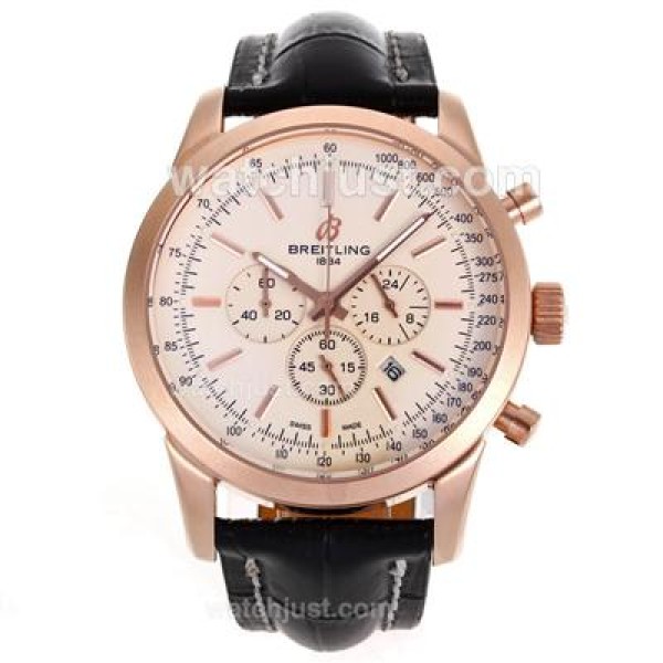 Breitling Aeromarine Working Chronograph Rose Gold Case Stick Markers with White Dial-Leather Strap