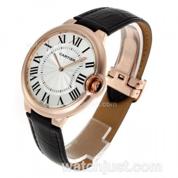 Cartier Ballon bleu de Cartier Rose Gold Case White Dial with Black Leather Strap-Oversized Version