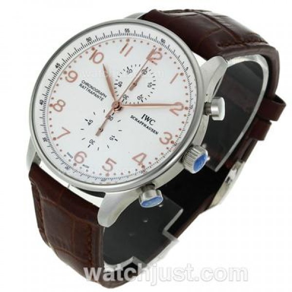 IWC Portuguese Working Chronograph Rose Gold Markers with White Dial-Leather Strap