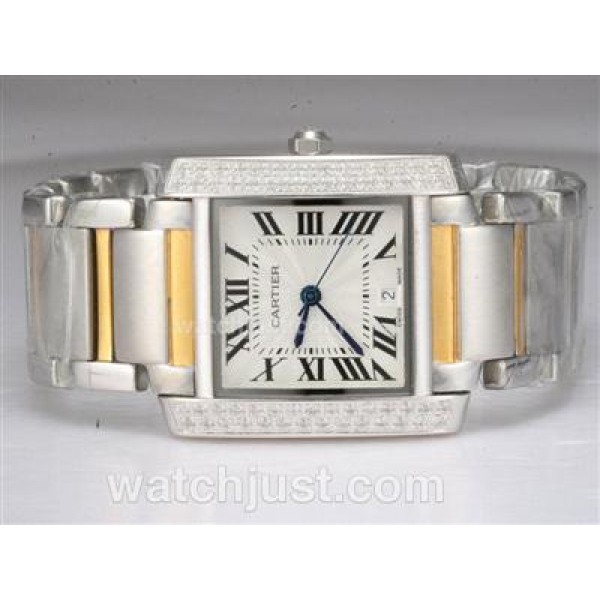 Cartier Tank Two Tone with Diamond Bezel-White Dial