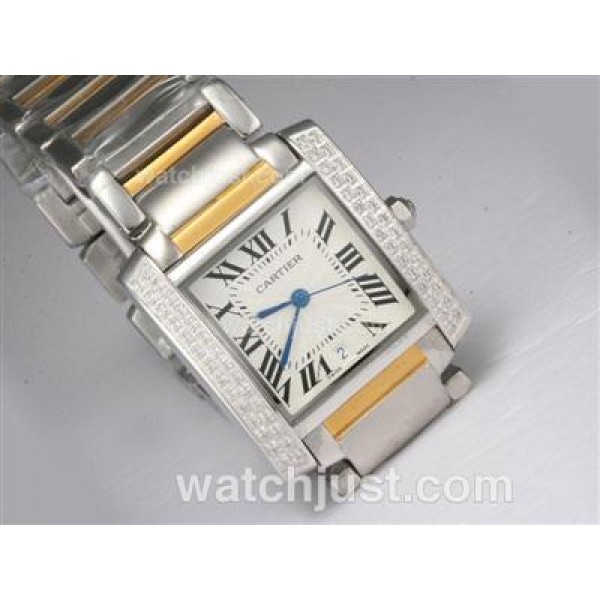 Cartier Tank Two Tone with Diamond Bezel-White Dial