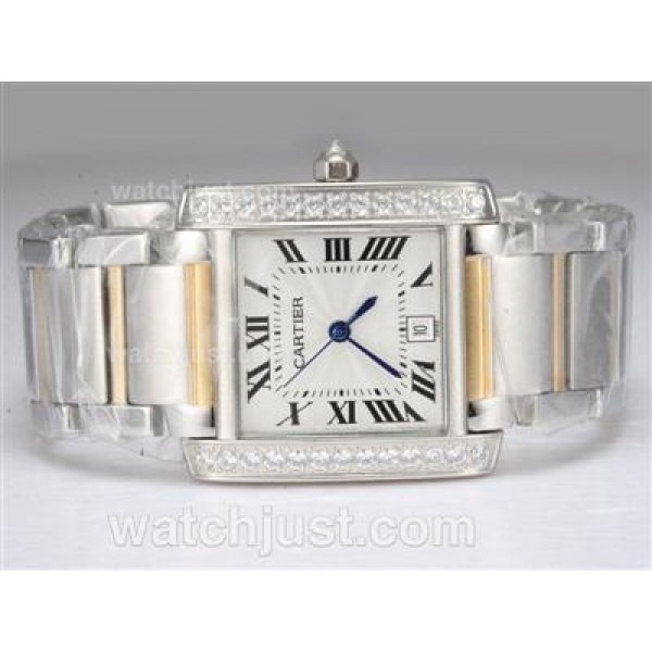 Cartier Tank Two Tone with Diamond Bezel-White Dial