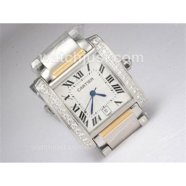 Cartier Tank Two Tone with Diamond Bezel-White Dial