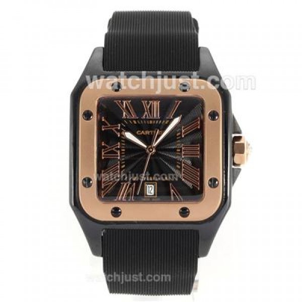 Cartier Santos Black Authentic Ceramic Case Rose Gold Bezel with Black Dial-Black Rubber Strap