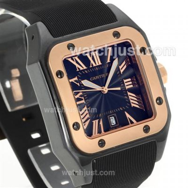 Cartier Santos Black Authentic Ceramic Case Rose Gold Bezel with Black Dial-Black Rubber Strap