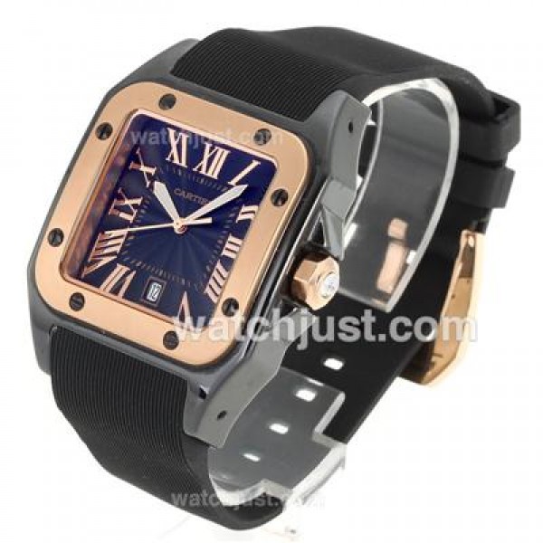 Cartier Santos Black Authentic Ceramic Case Rose Gold Bezel with Black Dial-Black Rubber Strap