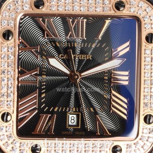 Cartier Santos Black Authentic Ceramic Case Rose Gold Diamond Bezel with Black Dial-Rubber Strap