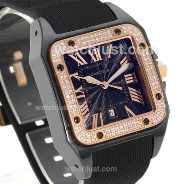 Cartier Santos Black Authentic Ceramic Case Rose Gold Diamond Bezel with Black Dial-Rubber Strap