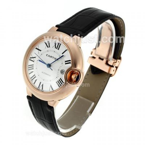 Cartier Ballon bleu de Cartier Rose Gold Case with White Dial-Black Leather Strap
