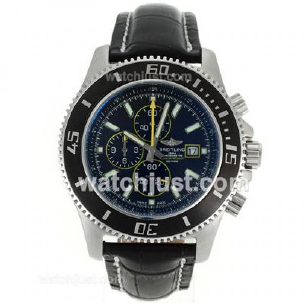 Breitling Super Ocean Working Chronograph Black Bezel Yellow Needles with Black Dial-Leather Strap
