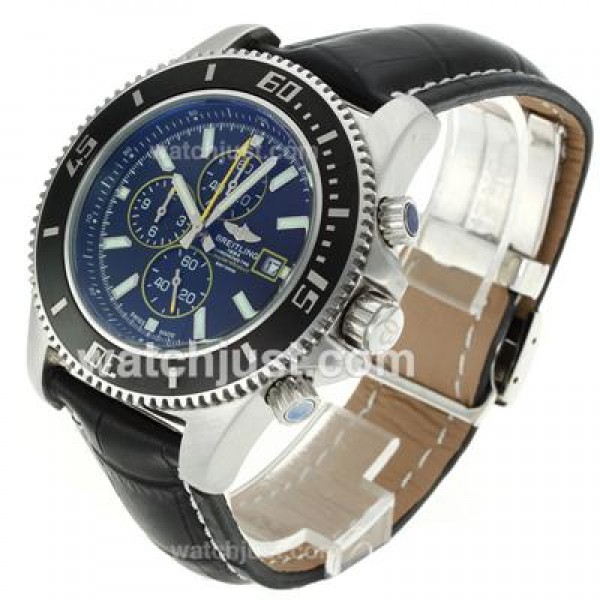 Breitling Super Ocean Working Chronograph Black Bezel Yellow Needles with Black Dial-Leather Strap