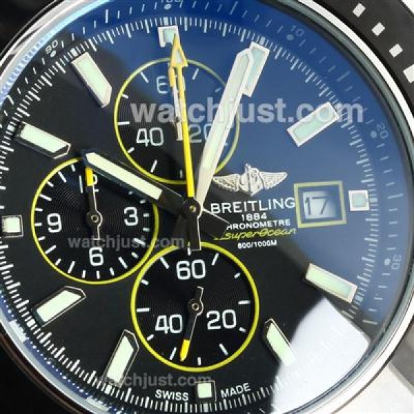 Breitling Super Ocean Working Chronograph Black Bezel Yellow Needles with Black Dial-Leather Strap