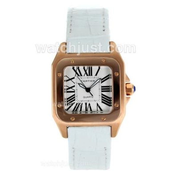 Cartier Santos 100 Rose Gold Case with White Dial-White Leather Strap