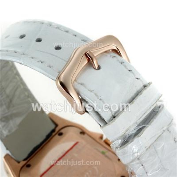 Cartier Santos 100 Rose Gold Case with White Dial-White Leather Strap