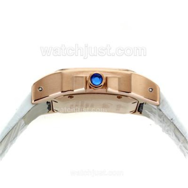 Cartier Santos 100 Rose Gold Case with White Dial-White Leather Strap