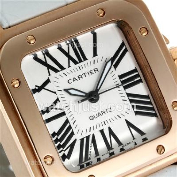 Cartier Santos 100 Rose Gold Case with White Dial-White Leather Strap