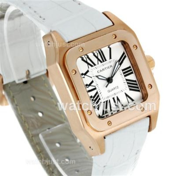 Cartier Santos 100 Rose Gold Case with White Dial-White Leather Strap