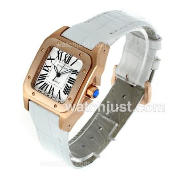 Cartier Santos 100 Rose Gold Case with White Dial-White Leather Strap