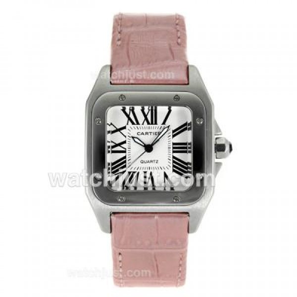 Cartier Santos 100 with White Dial-Pink Leather Strap